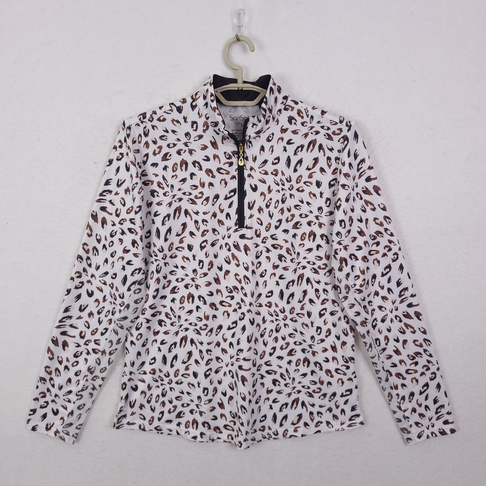 SanSoleil Quarter Zip Top 24.88nbWomen L White Leopard UV 50+ Golf Tennis Shirt